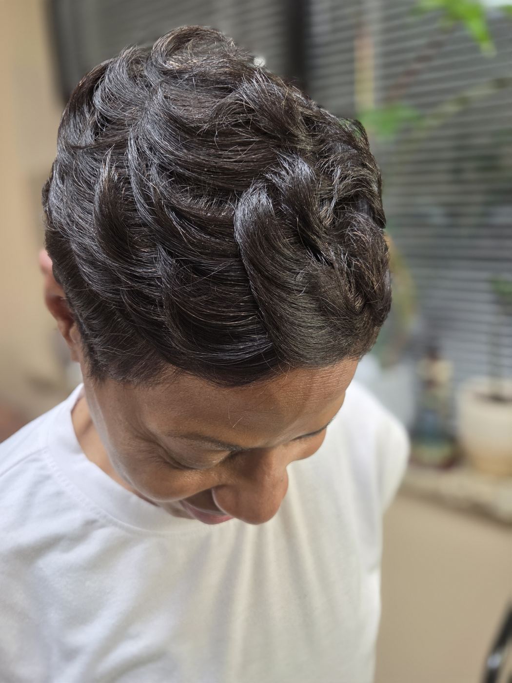 Pixie cut with finger waves